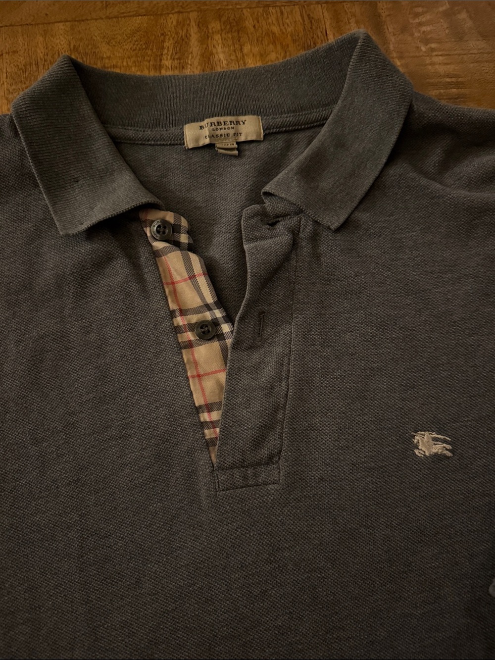 Burberry Men's Heather Blue Polo with Iconic Check Placket - Picture 2 of 5